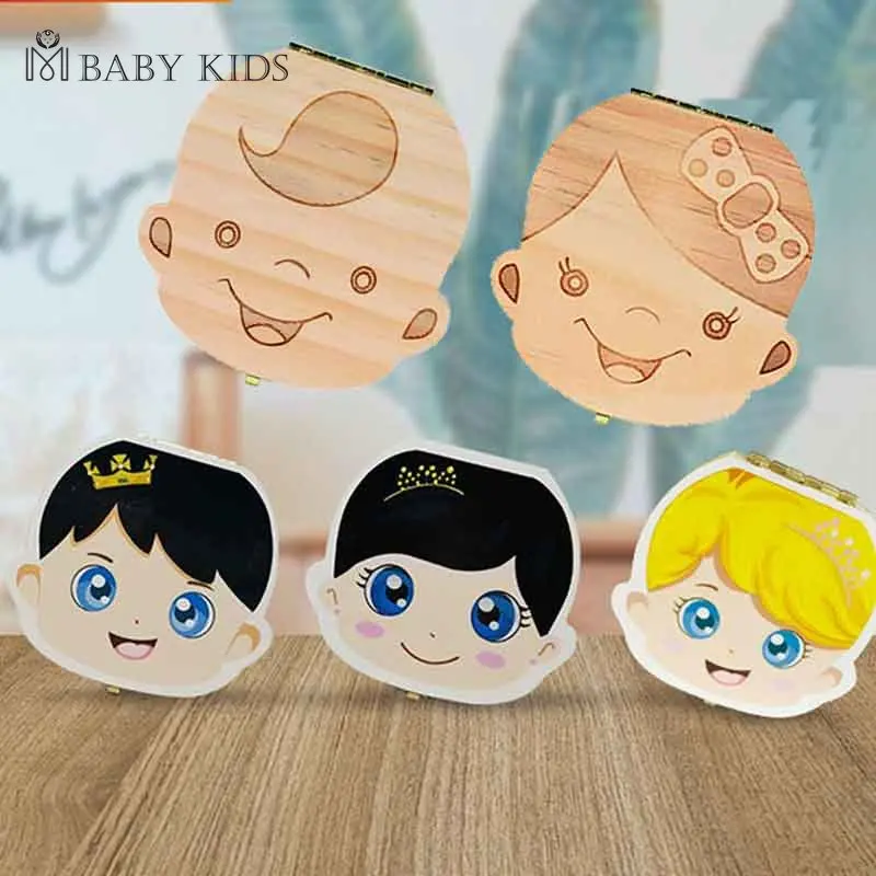 Baby Wood Tooth Box Organizer Milk Teeth Storage Language 2025 Spain English Collect Teeth Umbilica Save Gifts Baby new Tooth Box