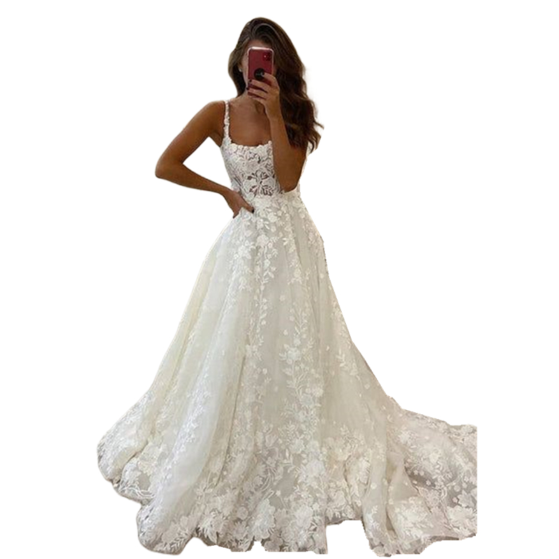 Ivory Bohemian A Line Lace Wedding Dresses Spaghetti Straps Long Summer Beach Bridal Gown Sleeveless Gorgeous Vestido De Novia