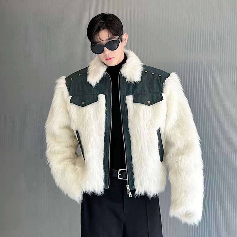 IEFB Niche Design Mens Faux Fur Coats Turn-down Collar Denim Patchwork Fake Mink Hair Loose Male Jackets Autumn Winter 9C8187XJ241102