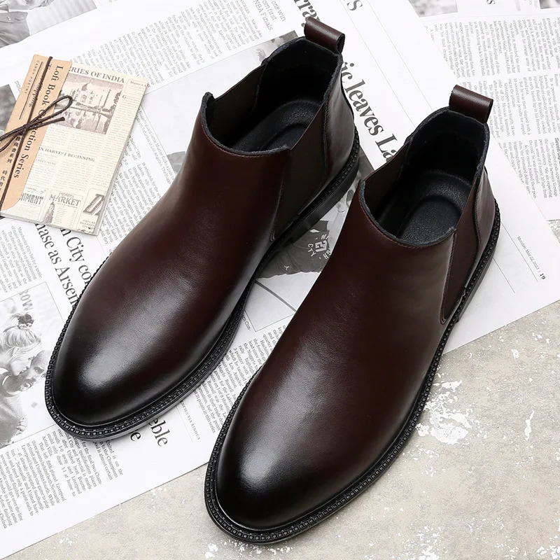 Men's Solid Color Leather Ankle hot Boots for Fall/Winter 2024 - Warm Wool Lining
