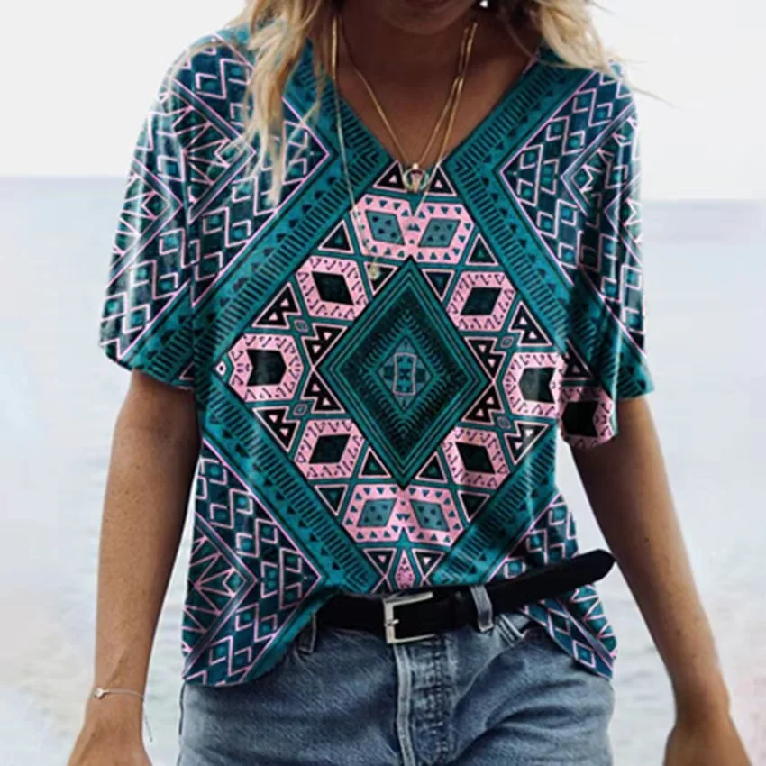 Street T-shirt 2025 new Women Ethnic Style Tee Summer Short Sleeve Haruku Print Shirt Clothing Casual Female Retro Oversized T-Shirts
