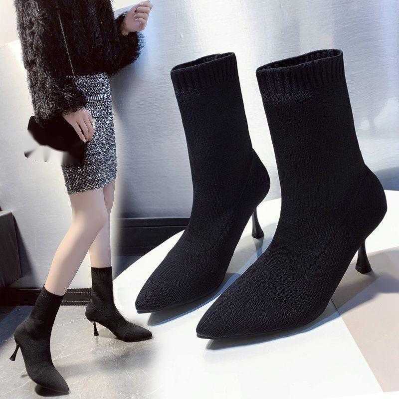 CMM Womens Shoes and Boots Autumn and Winter New Versatile Short Boots Pointed Toes Thin Heels High Heels Boots Knitted Elastic Boots Socks and Boots