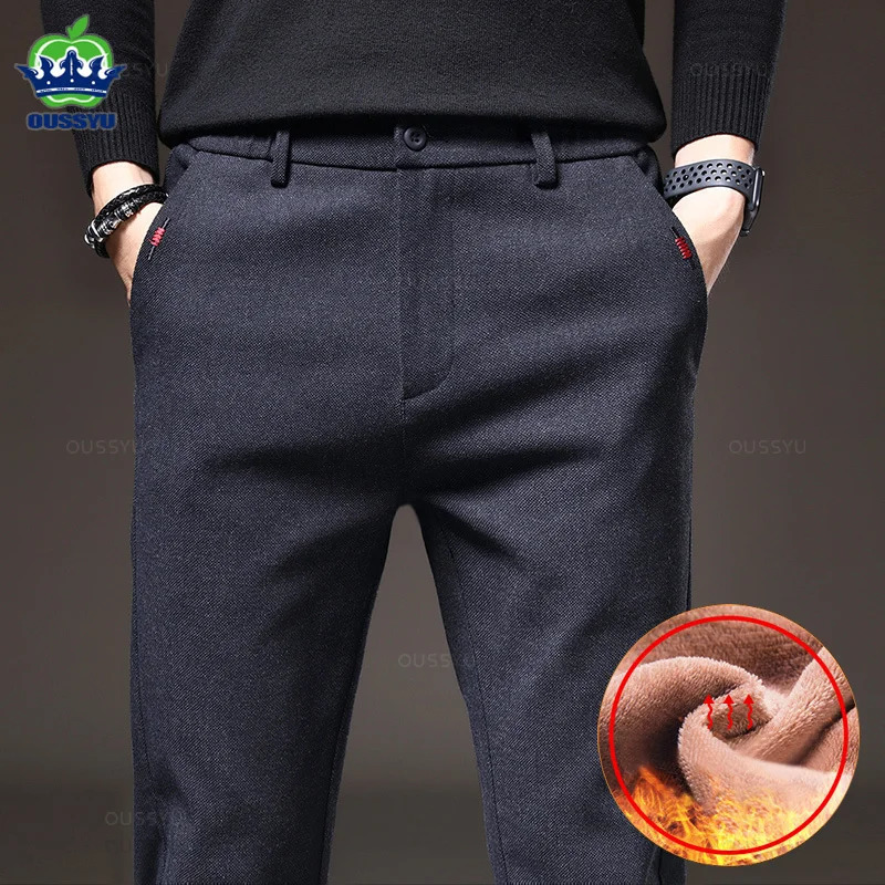Winter Fleece Warm Mens Brushed Fabric Casual Pants Business Fashion Slim Fit Stretch Thick Velvet Cotton Trousers Male 2838 240319Z