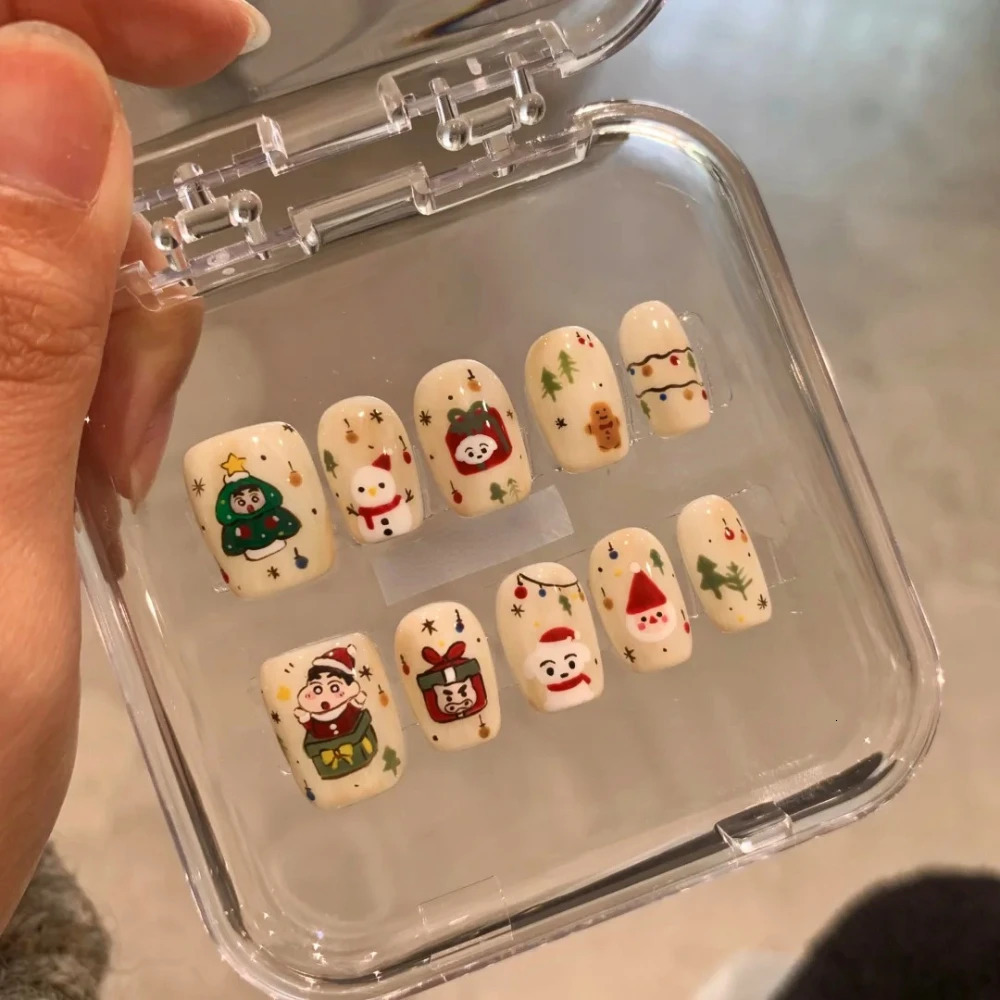 10 Handmade Pressing Christmas Nails Cute 3D Snowman Short Coffin Limited Fake Nail n Art DIY Nail Set 241031