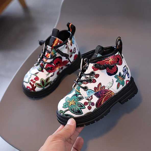 National Floral Printing Ankle Boots for Kids Girls Comfortable Spring and Autumn Cotton Boots for Girls Fancy Shoes for Children M241102