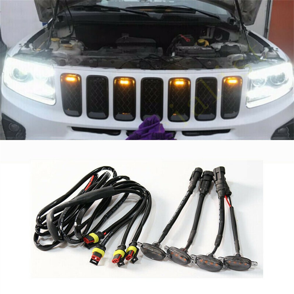 Front Grille LED Light Raptor Style Grill 4pcs Smoked Lens Amber Car Light LED Running Lights For Jeep Grand Cherokee 2003-2021