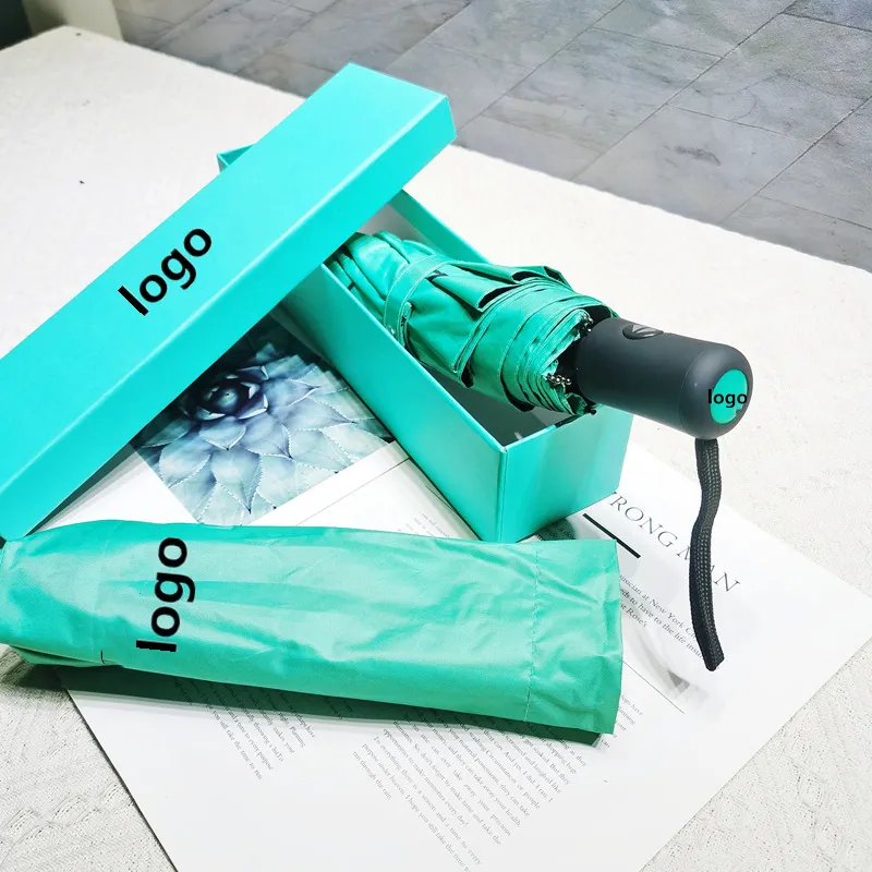 Designer Blue Umbrella Sun Protection Snow Protection Rubber Classic Letter Logo Printing Fully Automatic Three fold Umbrella Car Umbrella Gift Box Um