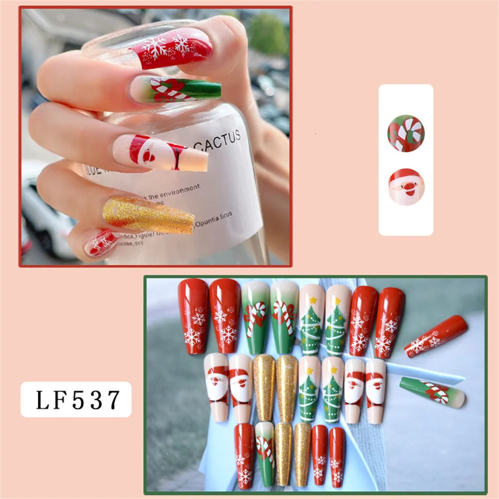 Christmas wearable long style fake nail set with reindeer snowflake n artificial acrylic full set pressing nail tips 241031