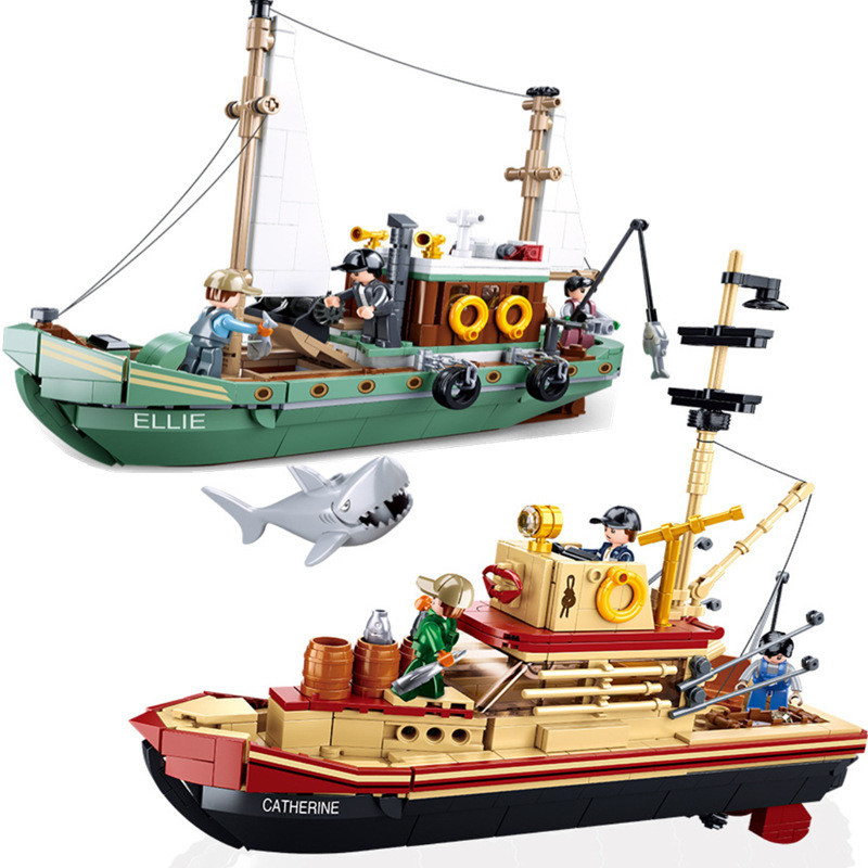 City Fishing Boat Vessel Trawlboat Model Building Blocks Set Pirate Ship new 2025 Sea Fisher White Shark Figures MOC Toys With Stickers
