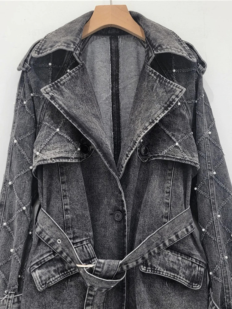 DEAT Fashion Womens Wash Bead Belt n Denim Trench Coat Autumn Trend Collar Long Sleeve Windproof Womens 29L8325 241031