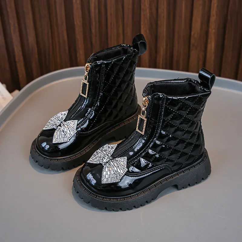 New fashionable checkered girls shiny bow ankle boots with childrens front zipper anti slip boots M241102