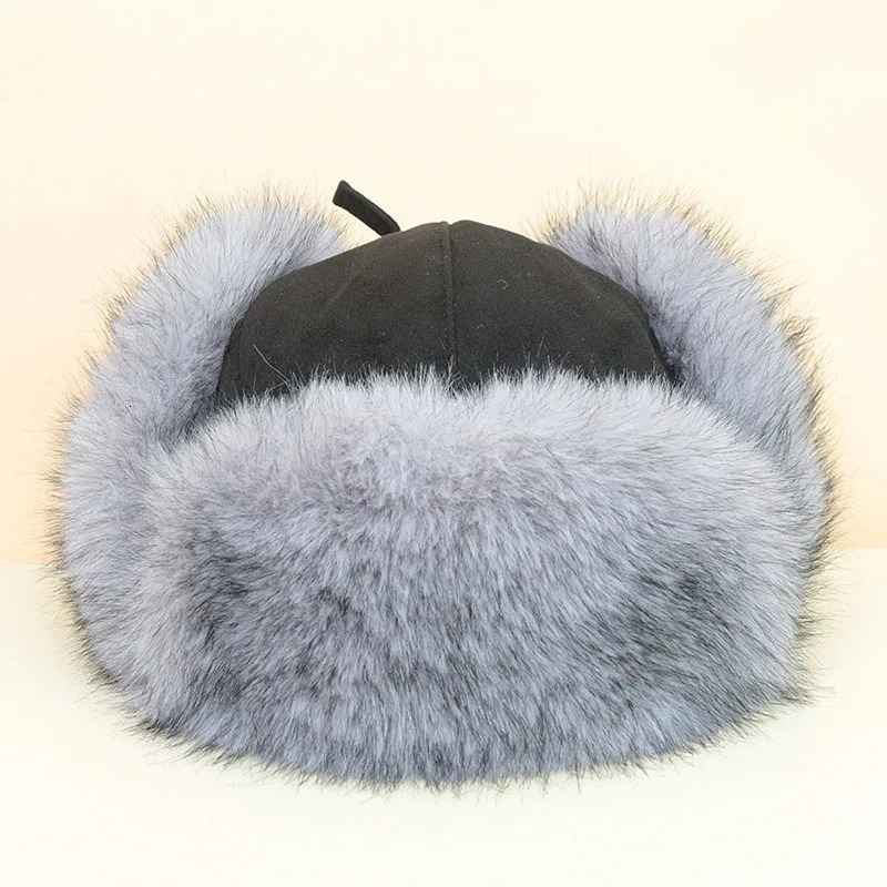 Winter Ear Hood Mens Ushanka Russian Cavalry Pilot Hat Warm Autumn Artificial Fox Fur Bomber Hat Black 241031