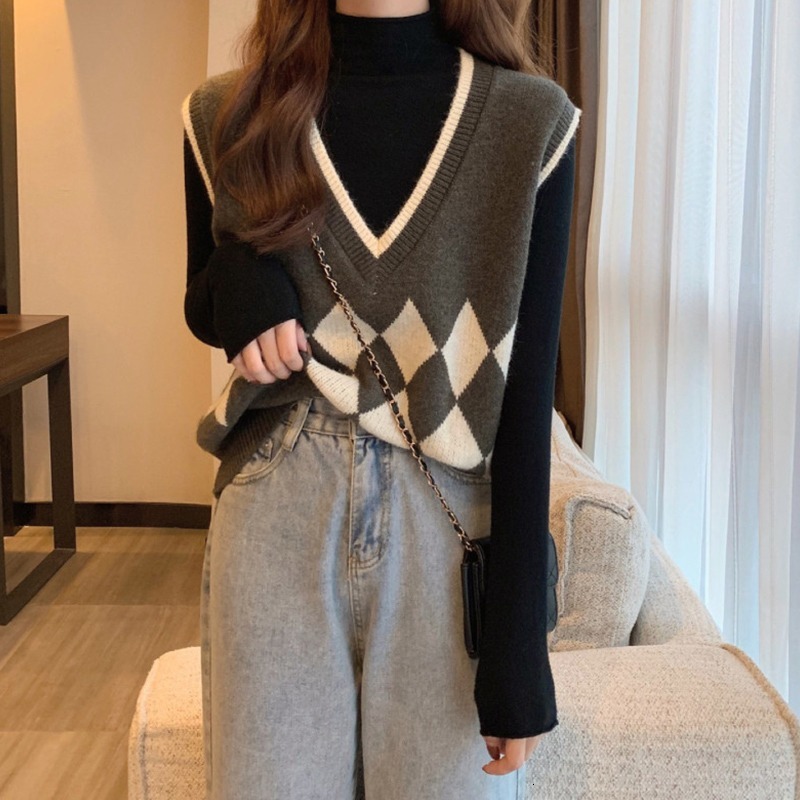 Korean Version Autumn And Winter New Item Loose Outer Diamond Grid Knitted Sweater V Neck Women Vest F1102#29