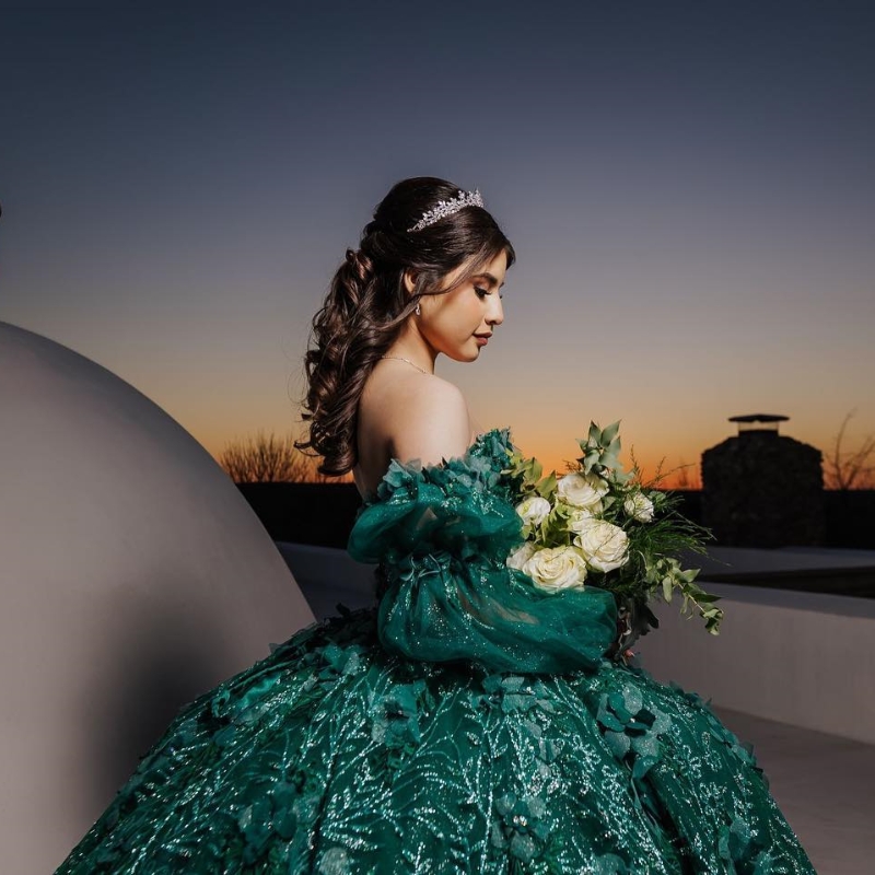 Emerald Green Ball Gown Quinceanera Dress Off The Shoulder Puff Sleeve 3D Flowers Applique Beads Corset Vestido De 15 Anos