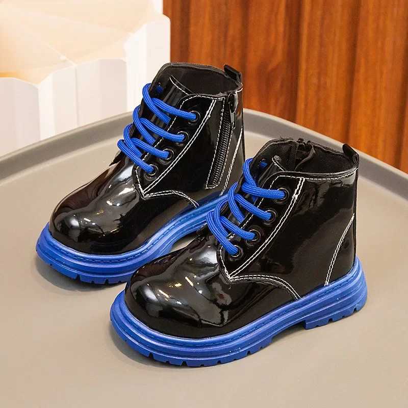 Fashion Patent Leather Childrens Boots Soft Bottom Black Ankle Boots Lace Zipper Girls British Boys Childrens Shiny Short Boots M241102