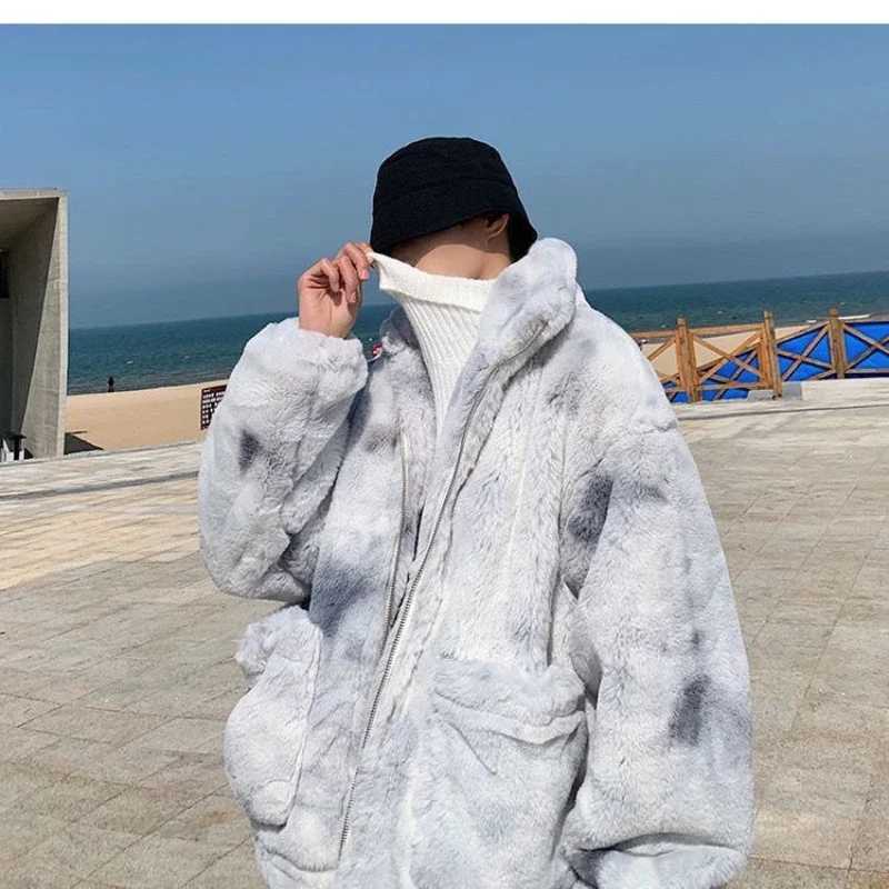 New Winter Tie-dye Lambswool Jacket Men Rabbit Hair Stand-up Collar Plus Size Loose Thickened Warm Men and Women Cotton ClothingXJ241102