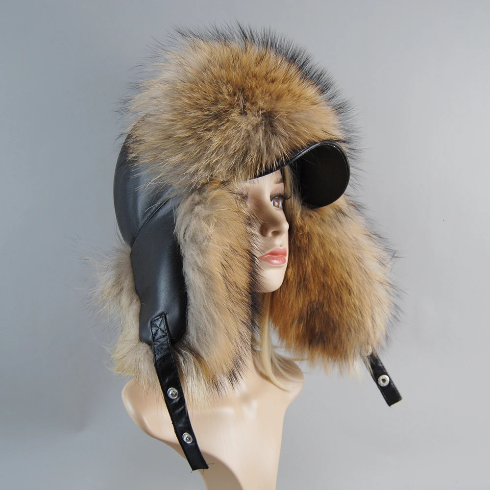 A genuine silver fox fur hat with ear flaps a genuine natural fur hat suitable for Russian womens bomber hats and a trap hat with a genuine leather to