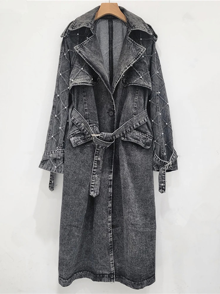 DEAT Fashion Womens Wash Bead Belt n Denim Trench Coat Autumn Trend Collar Long Sleeve Windproof Womens 29L8325 241031