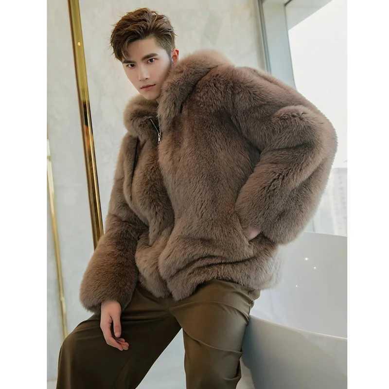 S-6XL Size Mens Faux Fur Jacket Autumn Winter Warm Wool Short Coat Mens Jackets Hooded Loose Warm Brown ParkasXJ241102