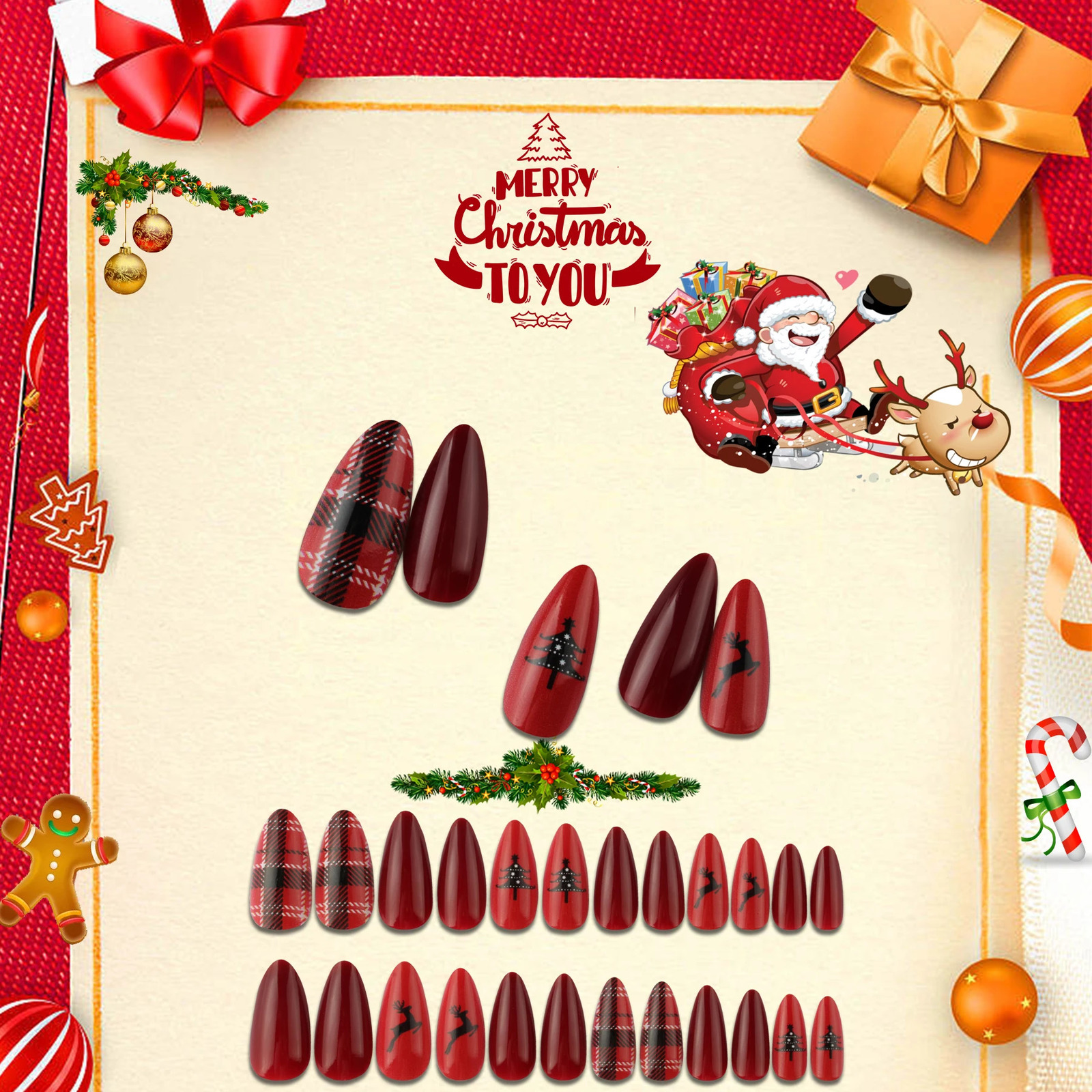 High quality Christmas long almond nail fake nail with sticker adhesive nail pressed on the nail with jelly adhesive nail art fake nail 241031