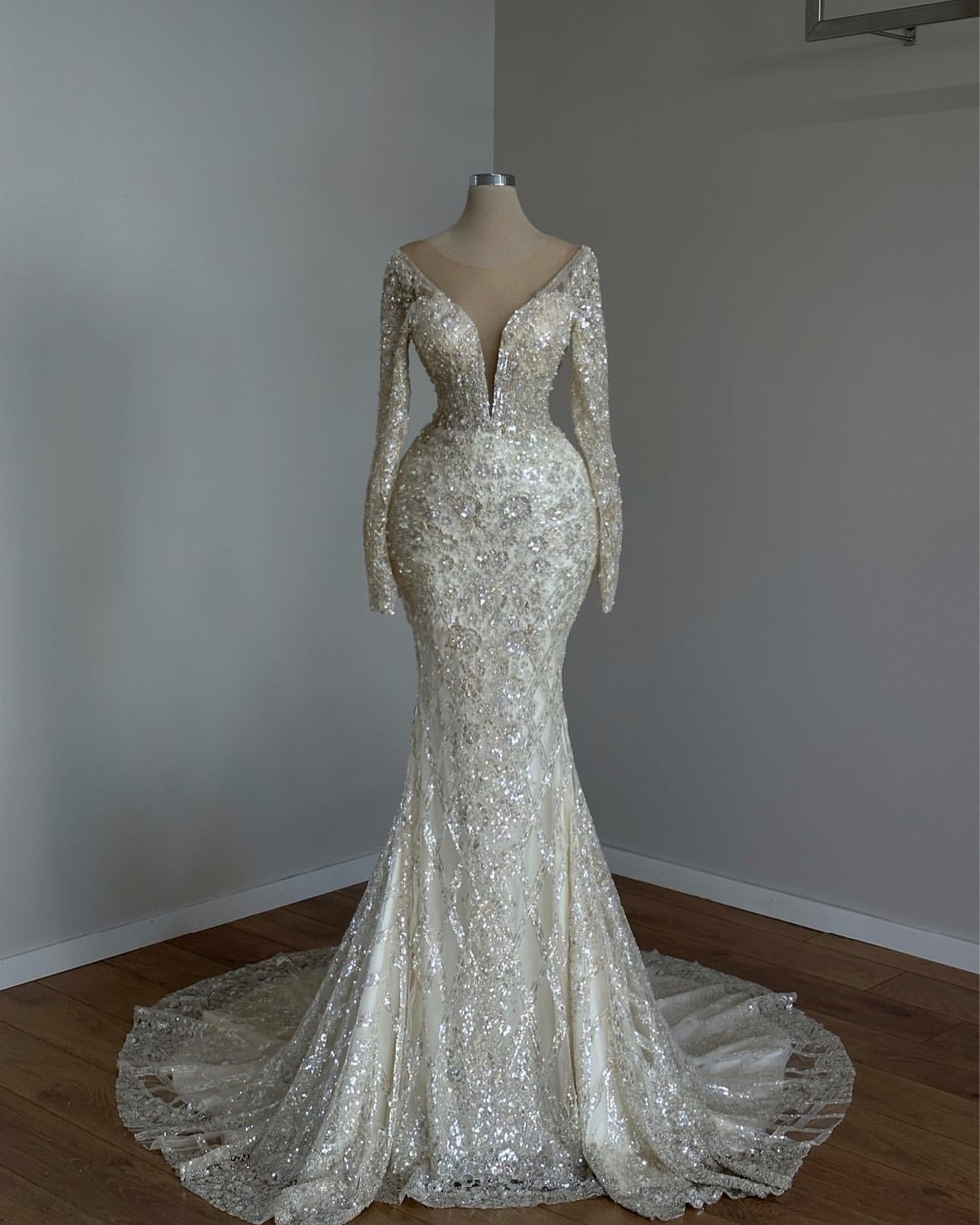 Champagne Chart Light Mermaid Dress Sheer Neck Saudi Arabic Beaded Wedding Dresses Long Sleeves Dubai Bridal Gowns Es