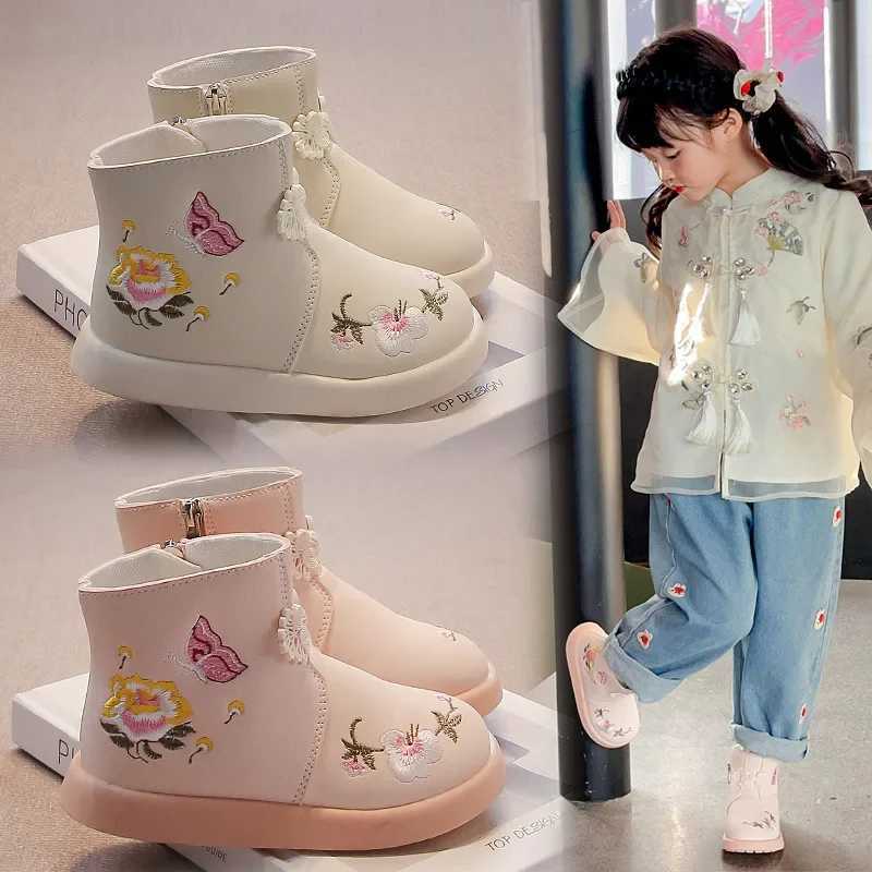 Childrens embroidered princess boots elegant girls short boots anti slip autumn new childrens ankle boots with side zipper M241102