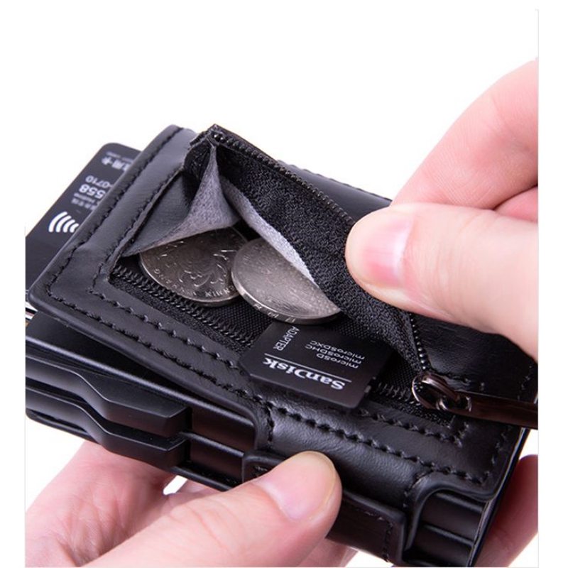 Large Capacity Leather Card Wallet for Men Air Airtag Rfid Double Aluminum Auto Pop Up Card Holder with Zipper Coin Pocket Purse