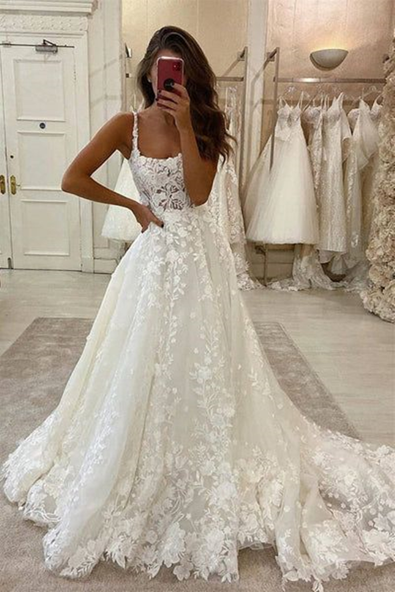 Ivory Bohemian A Line Lace Wedding Dresses Spaghetti Straps Long Summer Beach Bridal Gown Sleeveless Gorgeous Vestido De Novia