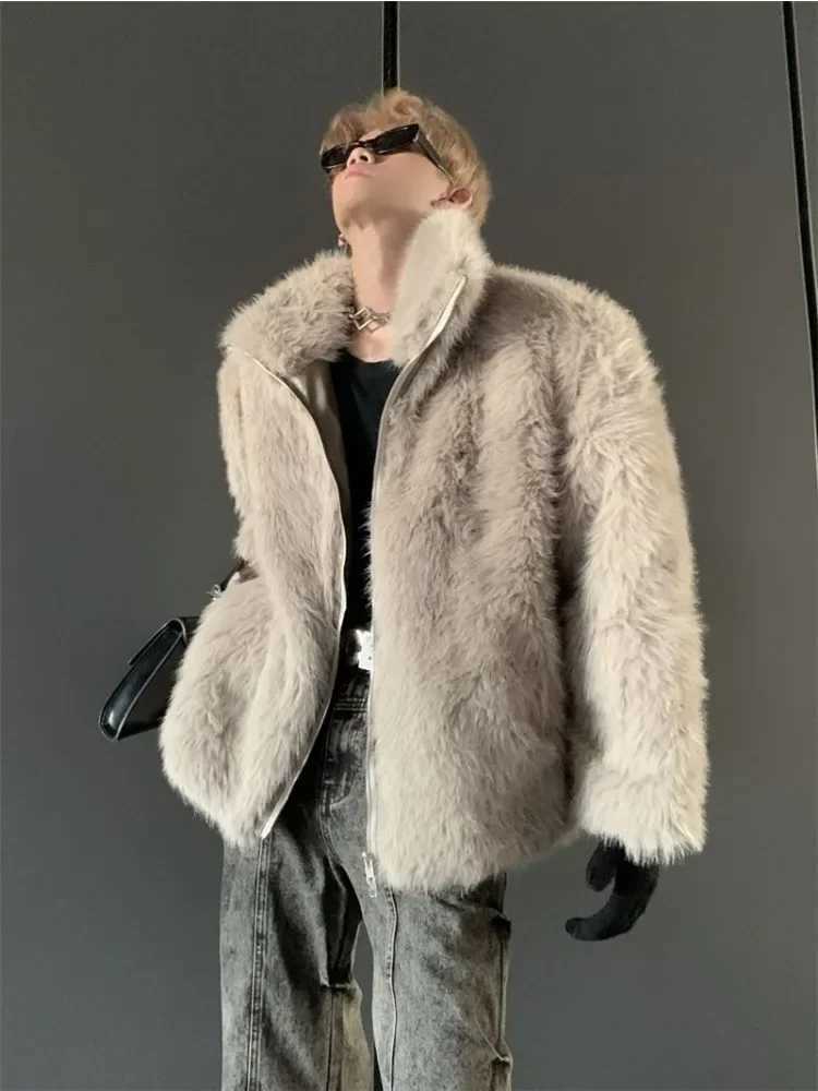 Korean Fashion Imitation Fox Fur Coat Fall and Winter Warm Thickened Black Imitation Fur Coat Trend Streetwear New Men ClothingXJ241102