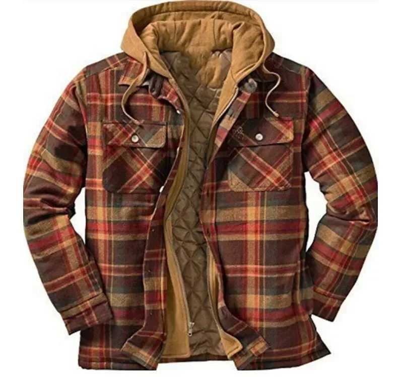 Mens long Sleve winter hooded jacket Flce lining flannel plain shirt jacket button up Sherpa jacket with hood W241102