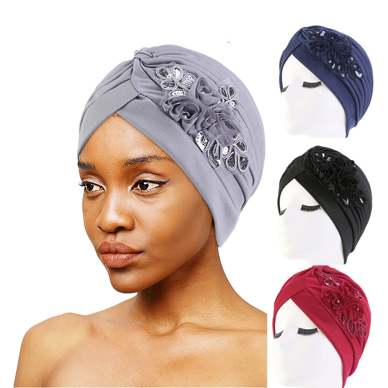 2023 New Ladies Sequin Flower Turban Hat Muslim Pleated Indian Inner Hijabs Sleep Cap 2025 Head new Wrap Women Bandana Headwear Boonet