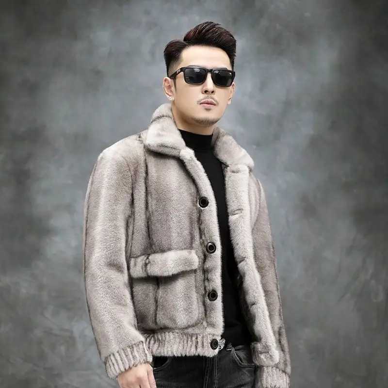 Winter New Men Mink Coat Male Double-Sided Wear Fashion Solid Color Short Fur Striped Outwear Thickened Warm Casual OutcoatXJ241102