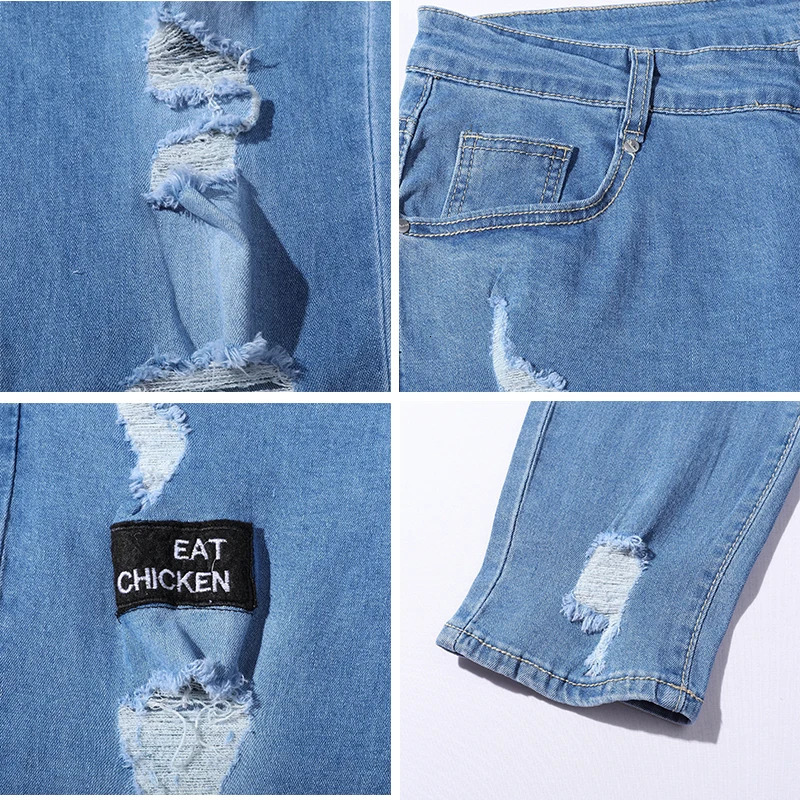 Men Stretchy Ripped Skinny Biker Embroidery Cartoon Print Jeans Destroyed Hole Slim Fit Denim High Quality Hip Hop Black Jeans 240319