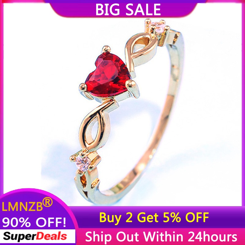 LMNZB Trendy Cute Heart Simulated Ruby Ring Bride Wedding Jewelry for Women Lady Anniversary Gift Jewelry R678