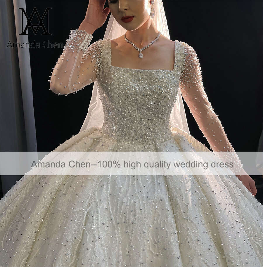 Full Sleeve Square Necke Pearls Wedding Dress