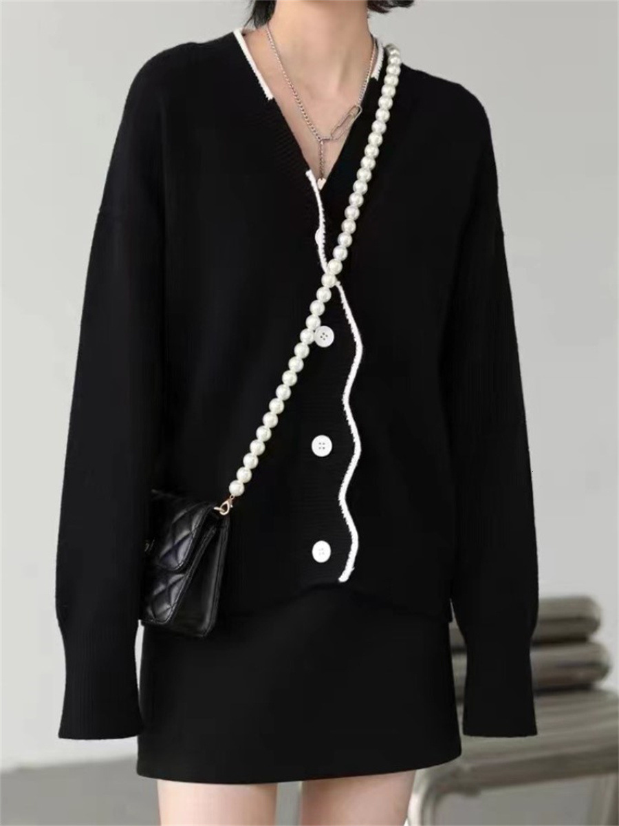 Korean Version Soft And Skin Friendly Playful Age Reducing Loose V Neck Wavy Placket Long Sleeved Versatile Temperament Knitted Cardigan For Women F11