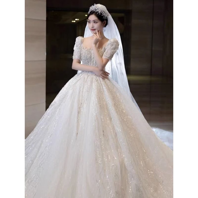 2024 Sparkle Dresses Ball Gown Long Sleeve Tulle Boho Wedding glaring Vestido De Noiva Pearls Backless Bohemian Bride Plus Size Princess Bridal Gowns