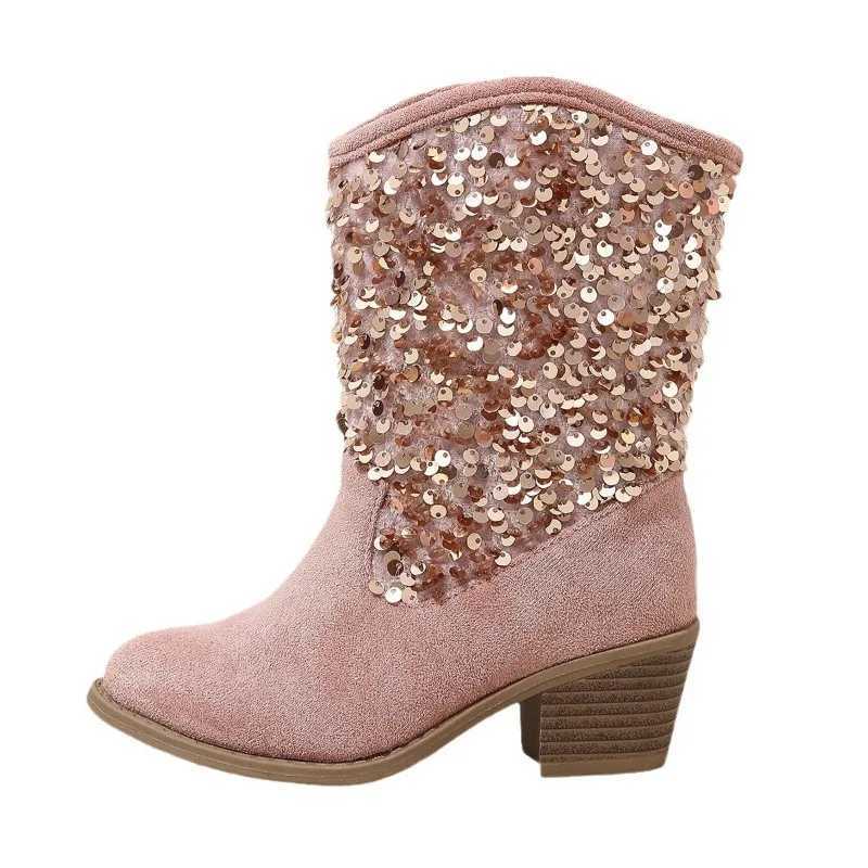Girl Chelsea Boots New Glitter Thick High Heels Korean Sle European and American Fashion Childrens Edition Soft Princess Boots M241102
