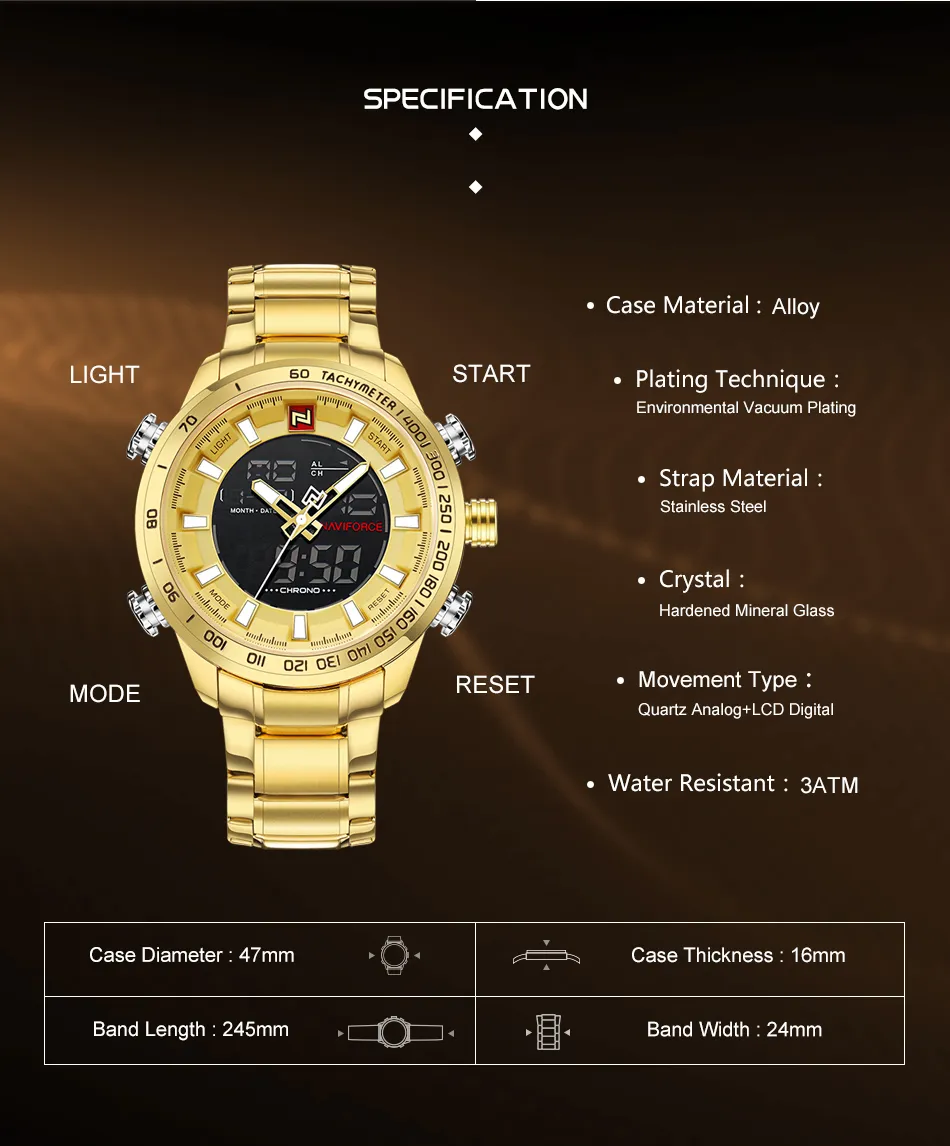NAVIFORCE Brand Mens Sport Watch new Gold Quartz Led Clock Men Waterproof Wrist 2025 Watch Male Watches Relogio Masculino