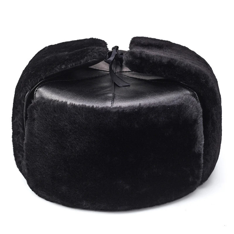 Thick Russian Hat Mens Military Hat Winter Ushanka Bomber Hat Solid Leather Earrings Trap Ski Hat Mens 241031