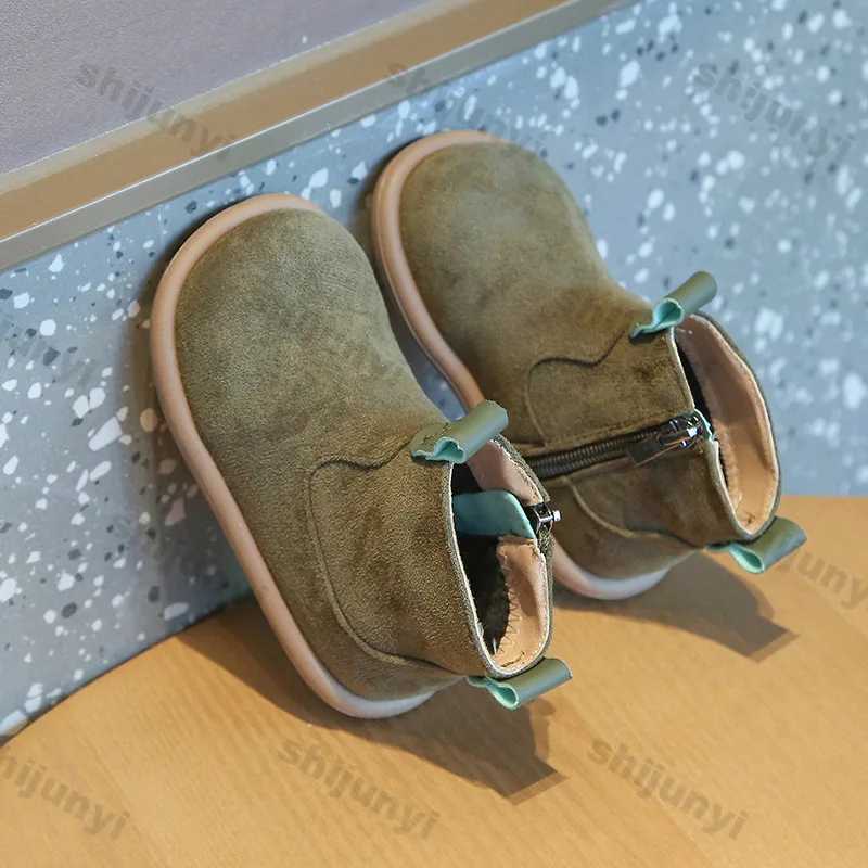 Childrens retro short boots for boys and girls autumn and winter new PU leather ankle boots childrens solid color wool cotton boat M241102