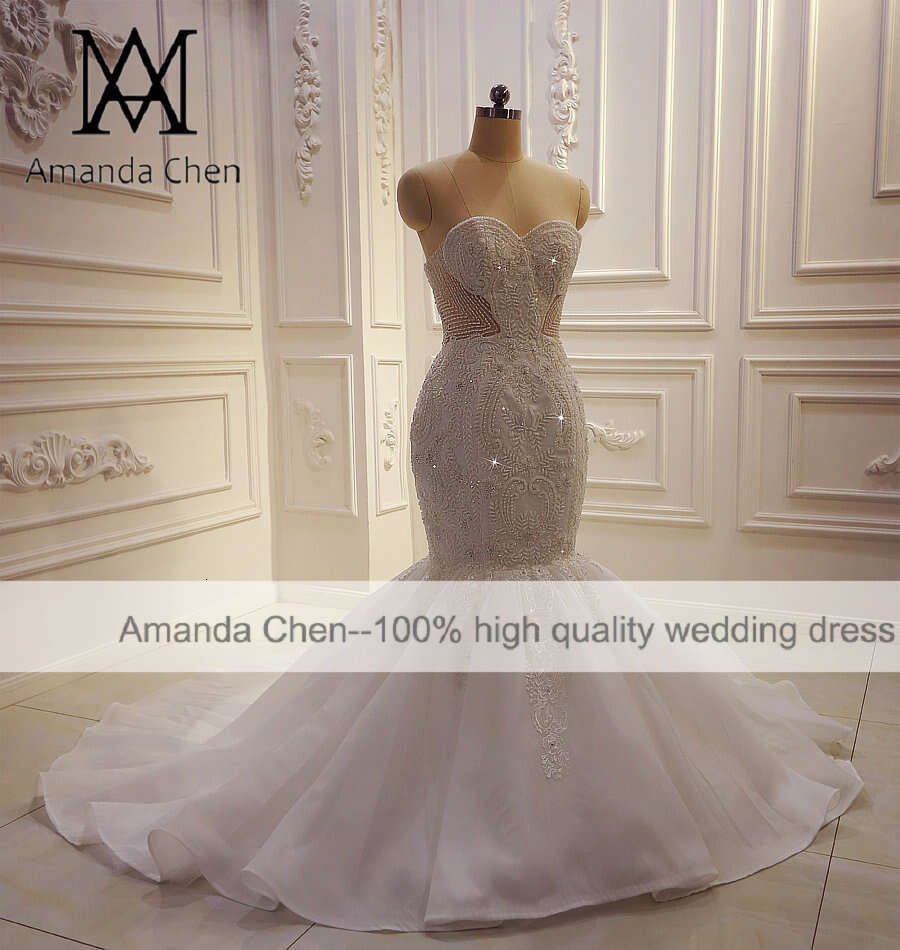 Amanda Novias Mermaid Lace Applique Design Strapless Wedding dress