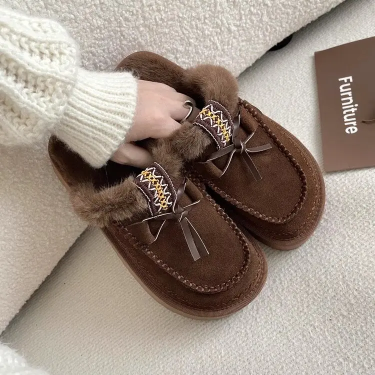 Women's Leather Shoes Cover Toe Ladies Slippers Med Platform Flock Fringe Flat Snow Boots Rome Fur Shearling Slides Rub