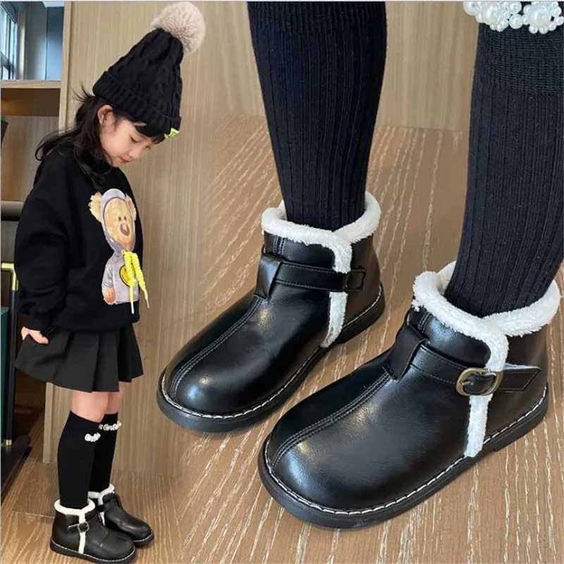 New Winter Childrens Shoes PU Leather Warm Plush Girls Boots Waterproof Girls Velvet Cotton Shoes Fashion Childrens Short Snow Boots M241102