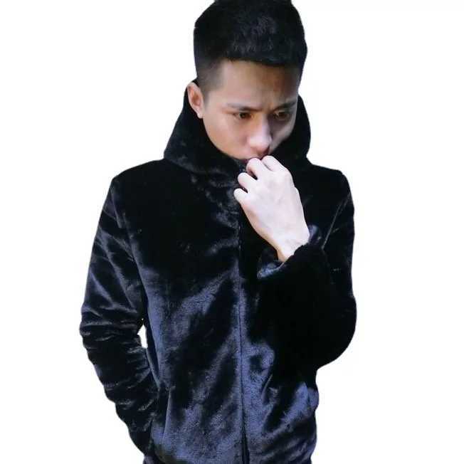 Winter Mens Faux Fur Short Hooded Faux Mink Plush Coat ThickenedXJ241102