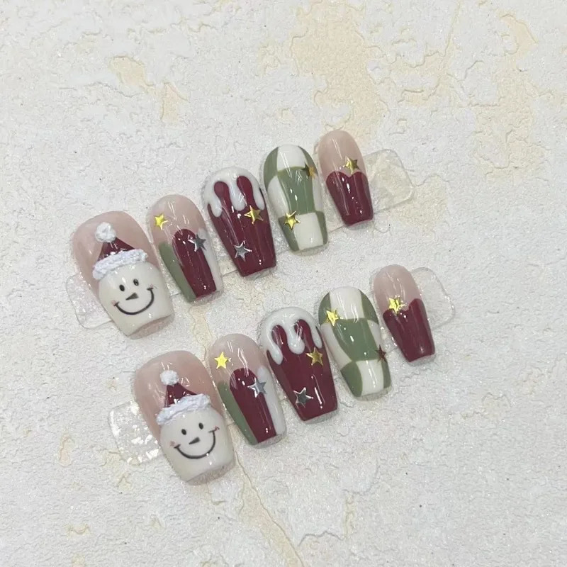 10 pieces/set of fake nails complete set of fake nails pressed on nails DIY handmade patches detachable Christmas snowman checkered star 241031