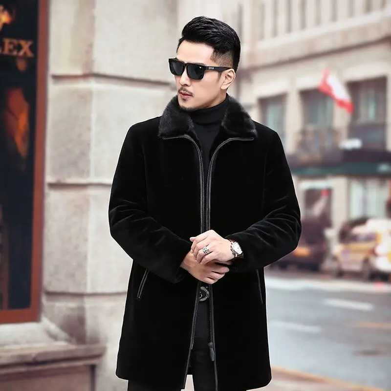Mens mink coat imitation sheep shear coat mens mink midlength leisure windbreaker middle-aged jacket tideXJ241102