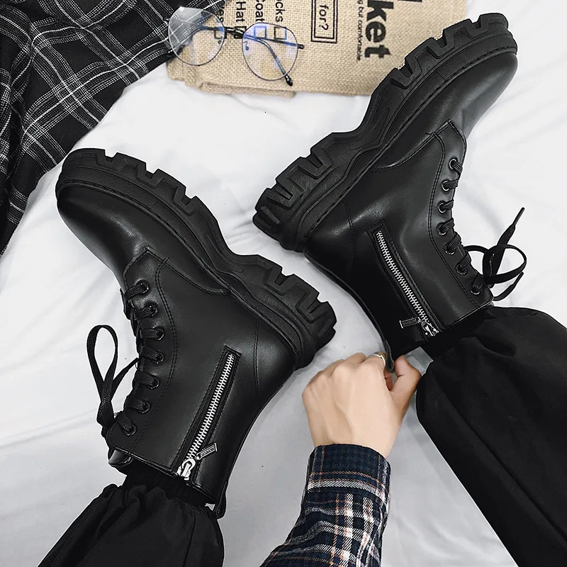 Mens leather fashion boots waterproof lace short ankle boots mens outdoor platform high top motorcycle boots 241031