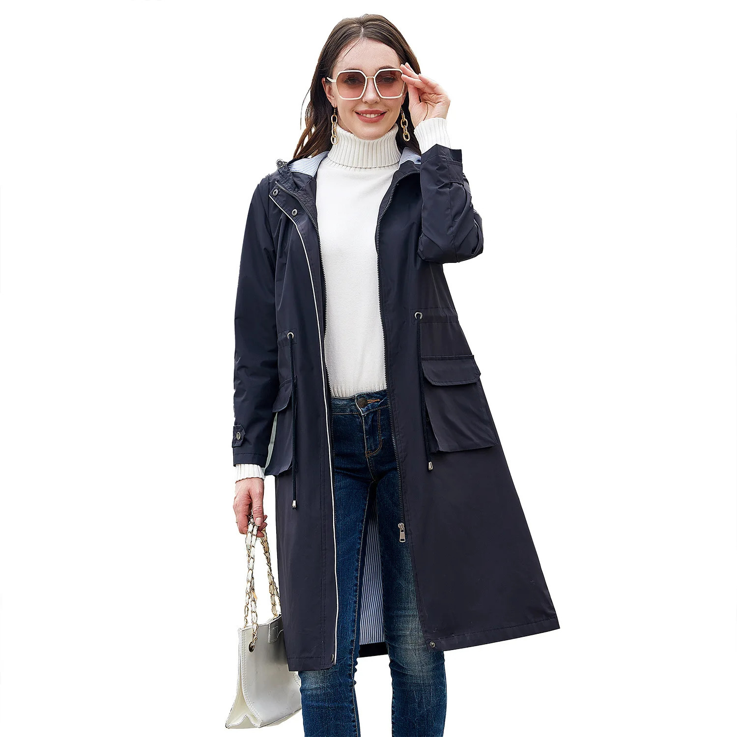 ly arrived womens long trench coat waterproof loose hooded windproof machine 241031