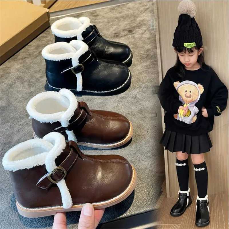 New Winter Childrens Shoes PU Leather Warm Plush Girls Boots Waterproof Girls Velvet Cotton Shoes Fashion Childrens Short Snow Boots M241102